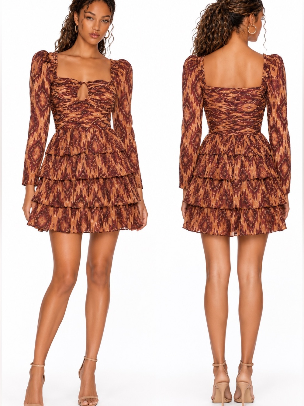 House Of Harlow 1960 Cotton Tired Long-Sleeve Mini Dress Size S Metallic Red